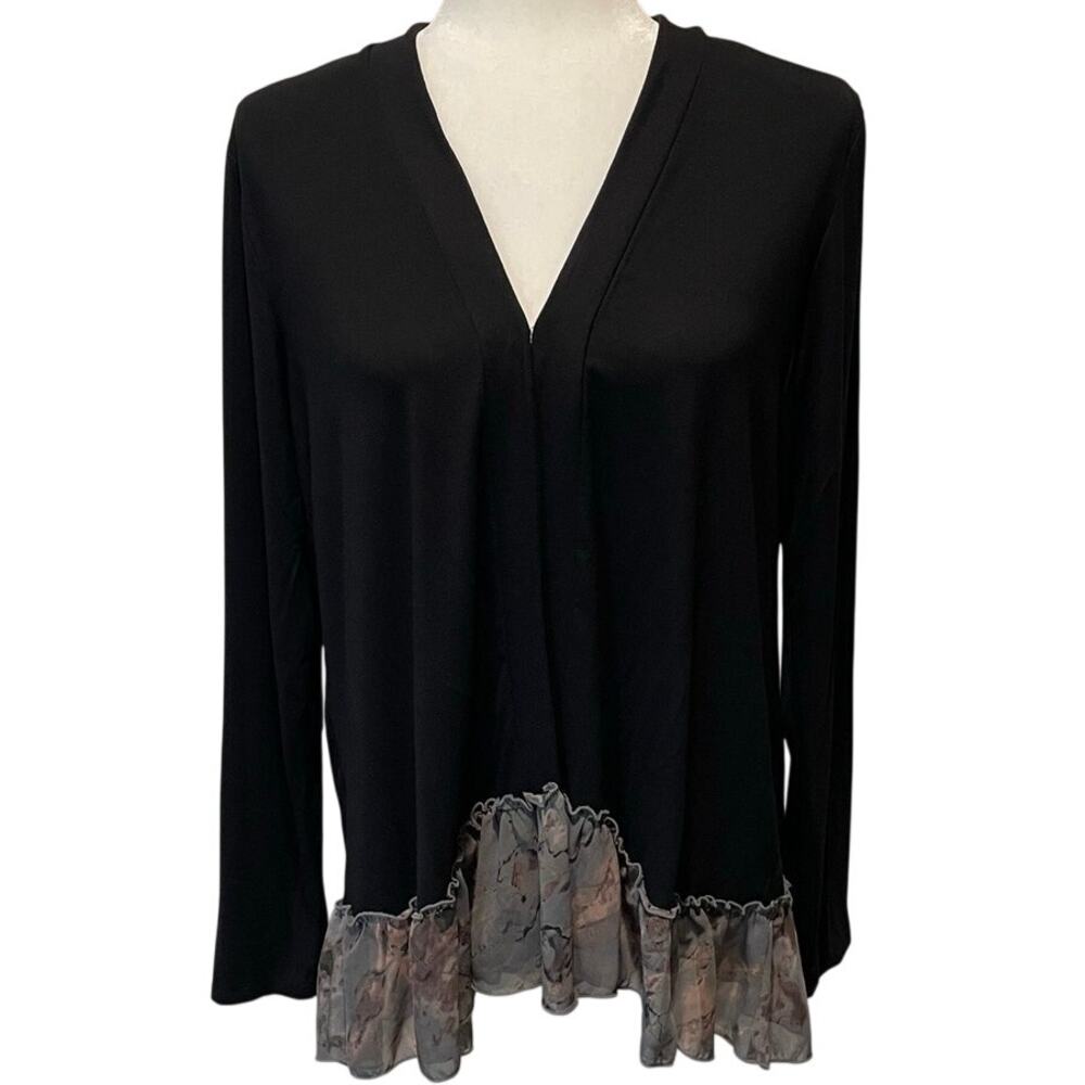 LOGO Lori Goldstein Black Cardigan Sz M Ruffle Chiffon Hem Feminine Boho Chic